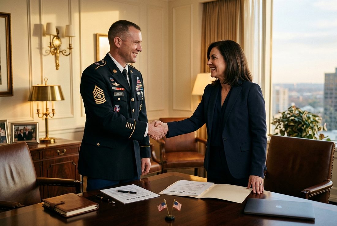 Veteran shaking hands with a business partner over funding documents