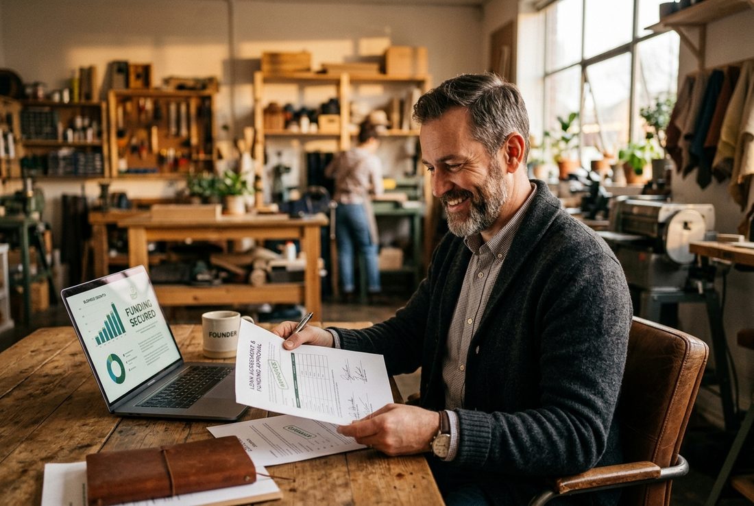Business owner reviewing approved funding documents